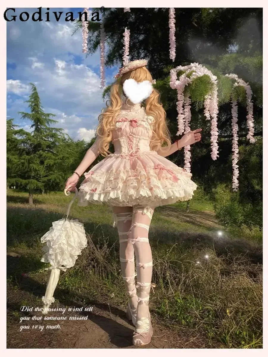 

Lolita Original Ballet Style Cake Dress Japanese Doll Feeling Jsk Dress Sweet Princess Fairy Temperament Lace Bow Bud Dresses