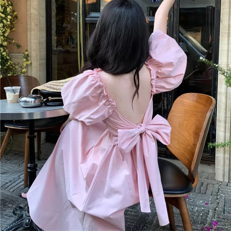 Sweet Pink Bow Knot Dress Women's Summer Bubble Sleeve A-line Long Backless Dress Elegant Square Collar Holiday Party Vestidos