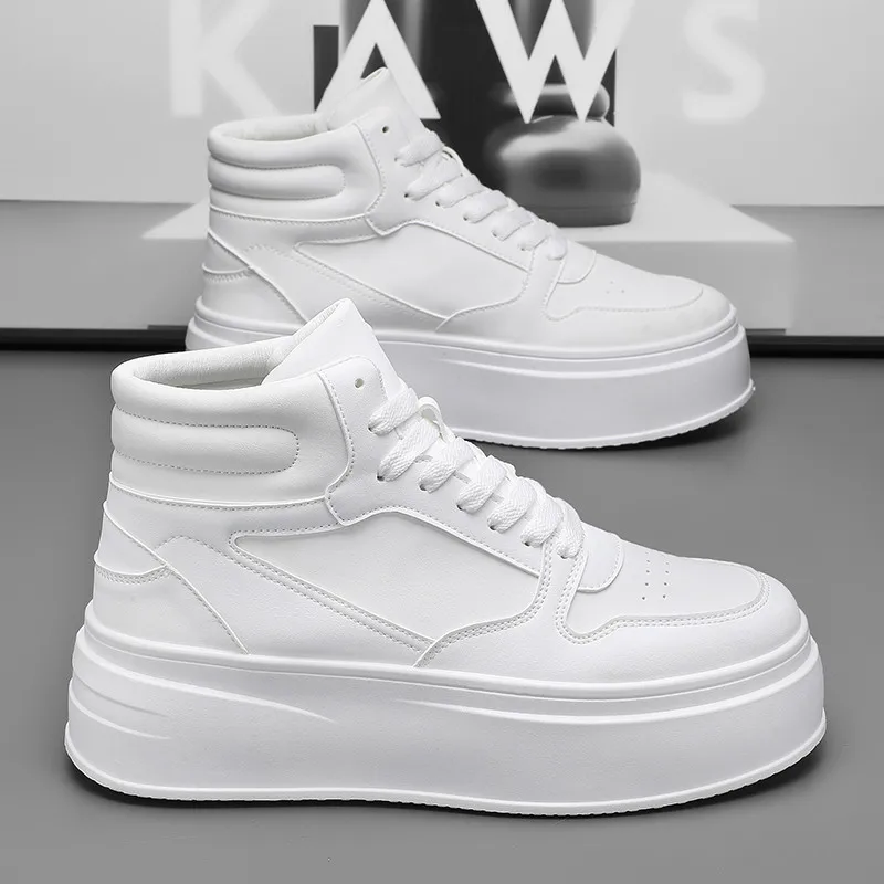 

Original Men's White Sneakers Trend Leather High Top Shoes Men Platform Sneakers Height Increasing Lace-up Men Fashion Sneakers