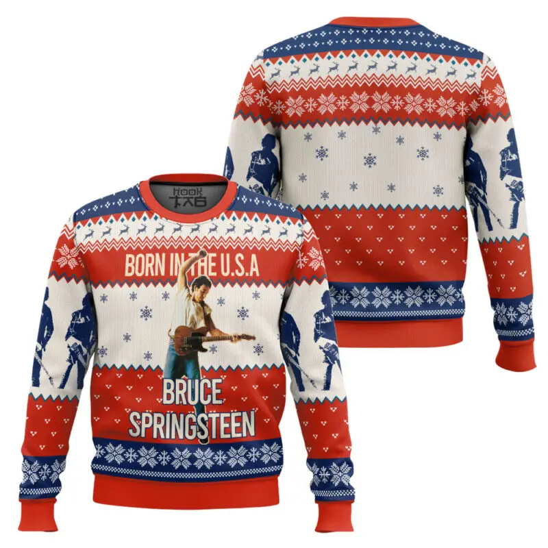 

Bruce Springsteen Christmas Hat Guitarist Ugly Sweater American Rock Christmas Outfit Festive Atmosphere Round Neck Pullover Top