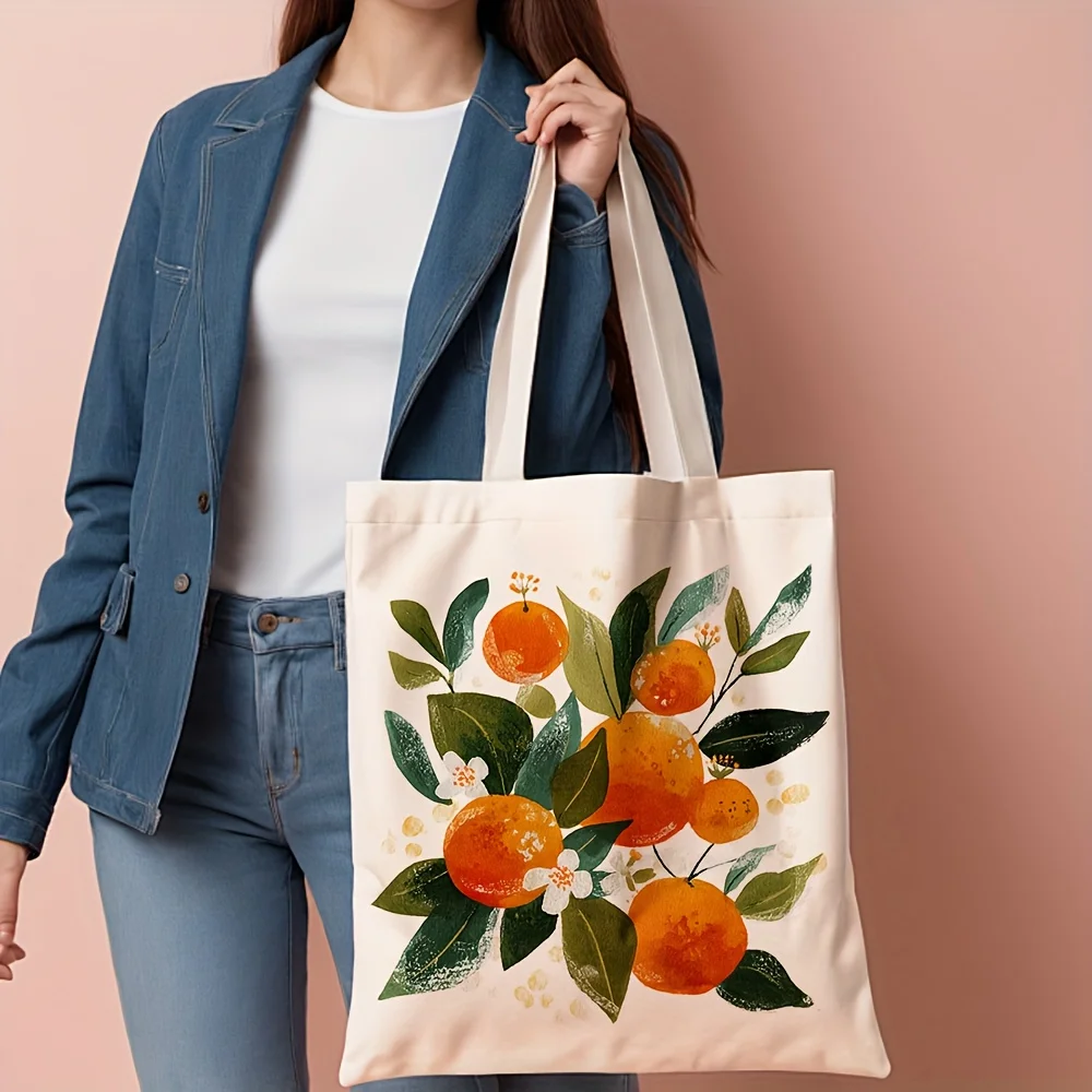 Orange Patterned Canvas Tote Bag Stylish And Reusable Shopping Bag Women'S Casual Shoulder Bag, Fruit-Patterned Grocery Tote Bag