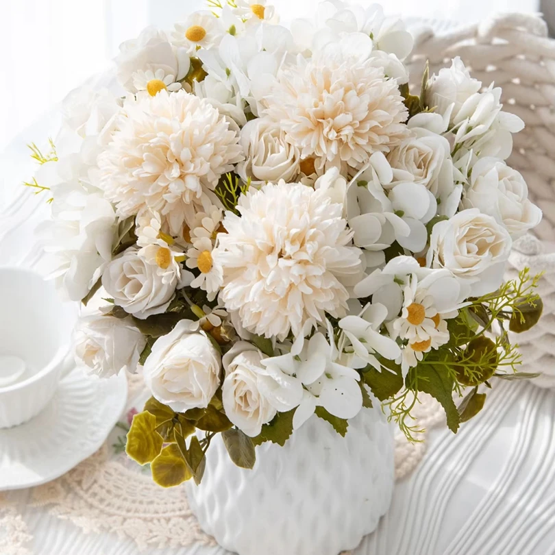 1 peça flores artificiais para casamento, decoração para quarto de casa, buquê de noivas, rosas de seda falsas, hortênsias, vaso, presente ao ar livre