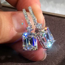Elegant Cuboid Zircon Dangle Earrings - Sparkling Silver Plated Jewelry for Banquets and Special Occasions