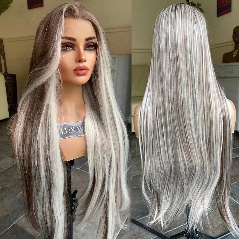 Preplucked Realistic Hairline Wig Ombre Ash Grey Blonde Straight Lace Front Synthetic Wig Middle Part Hairline Front Lace Wig