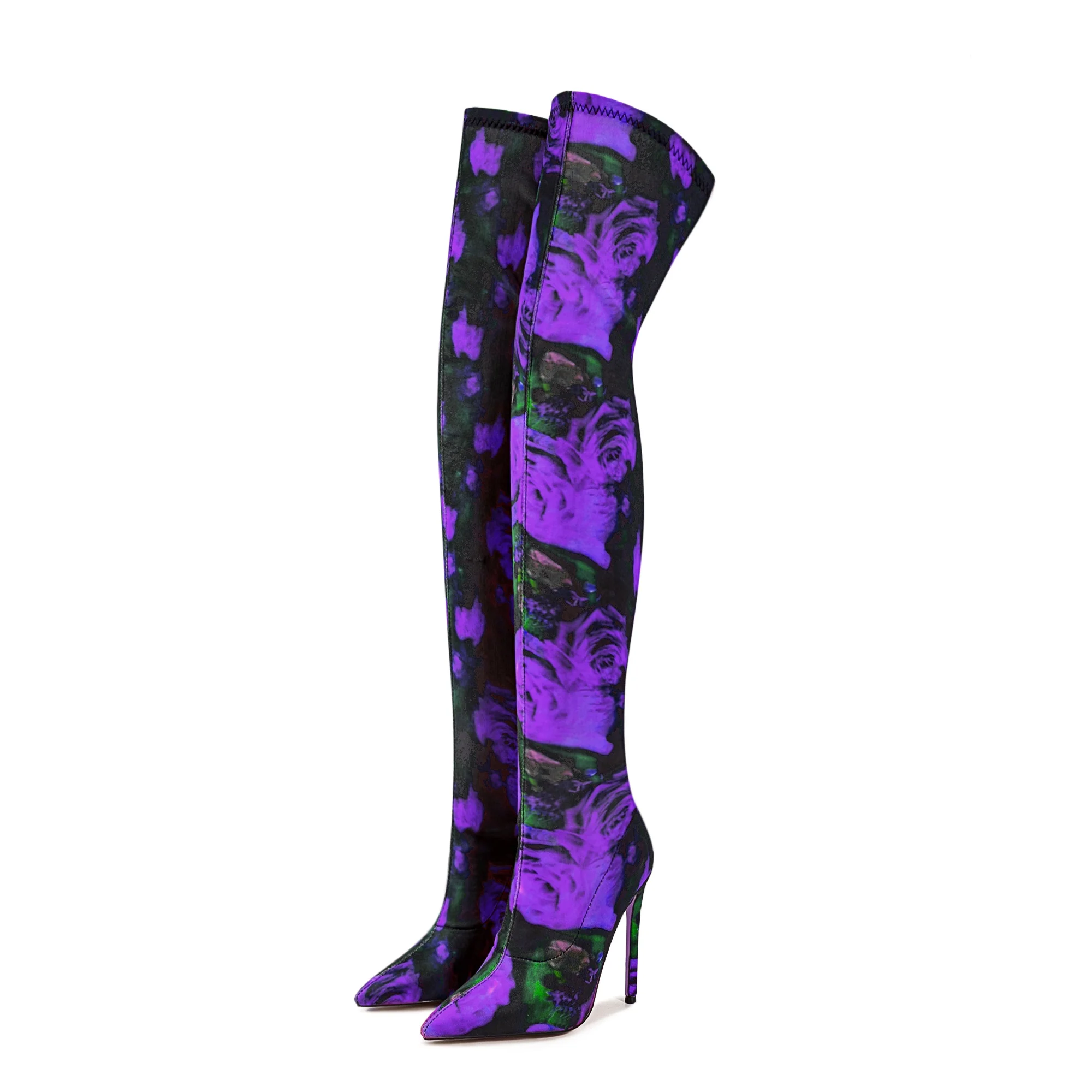 

Hottest Flower Printing Women Spandex Stain Boots Women Pointed Toe Over The Knee High Boots Fashion Stiletto Thigh High Boots