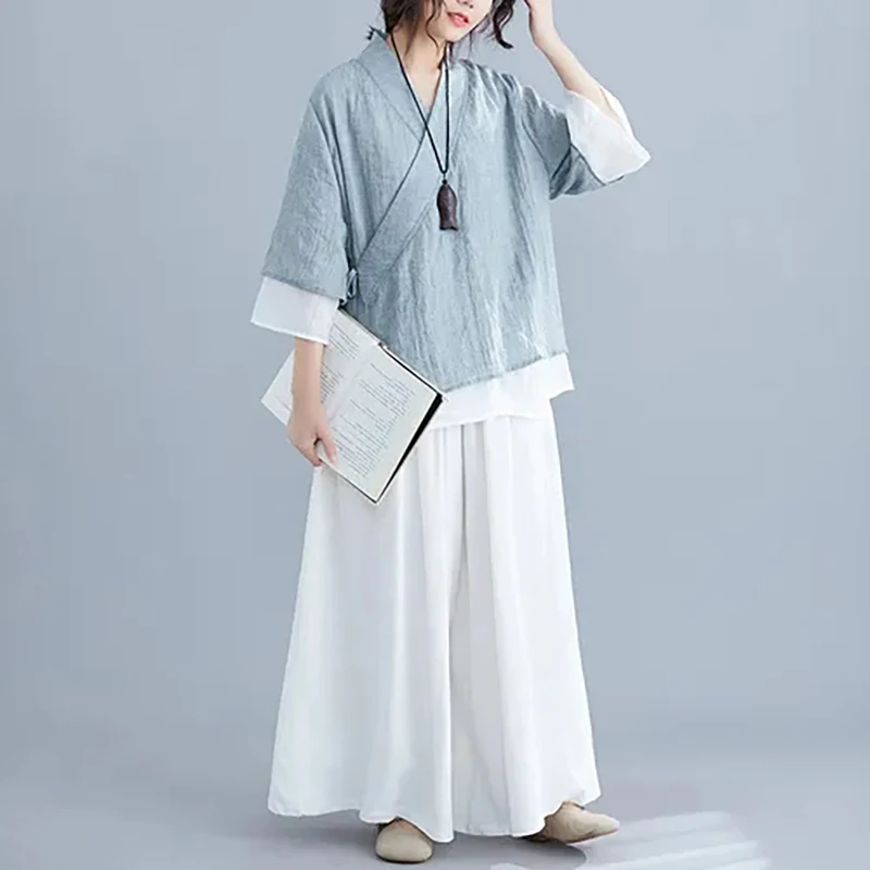 Liziqi Traditional Chinese Costume Tai Chi Uniform Casual Hanfu Tops Trousers Cotton Linen Clothes Retro Breathable