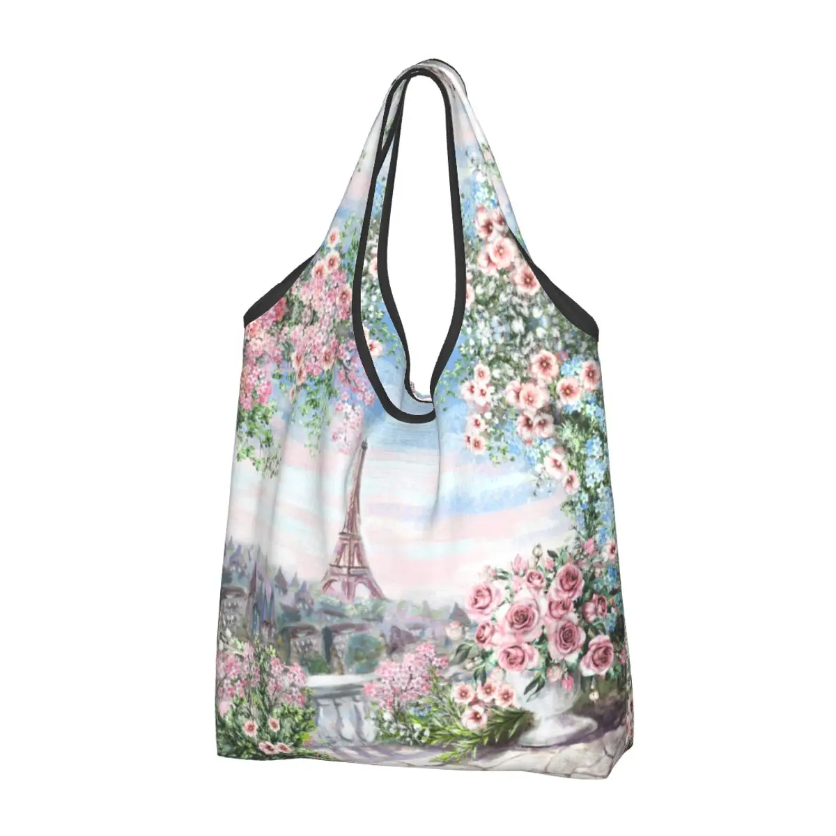 Large Reusable France Paris Eiffel Tower Grocery Bags Watercolor Floral Art Flower Shopping Tote Bag Washable Lightweight