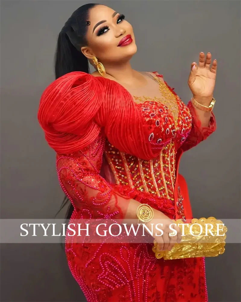 Vermelho mangas compridas sereia vestidos de noite preto meninas cristais frisado aso ebi africano recepção casamento vestidos festa personalizado