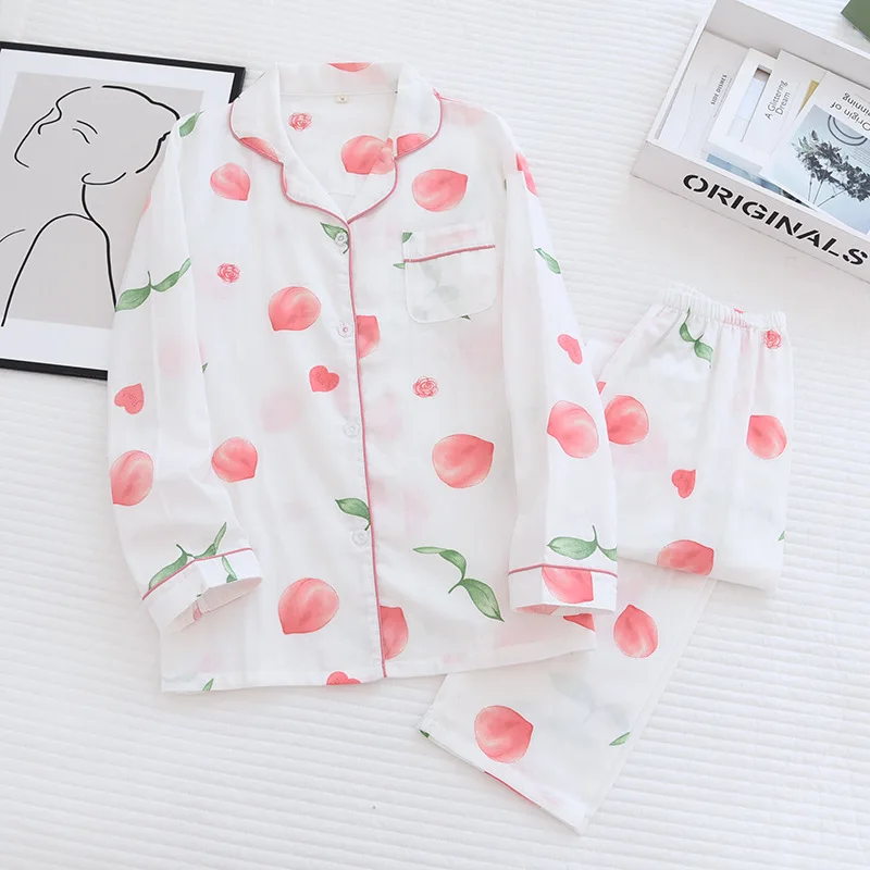 

New spring and autumn ladies pajamas set 100% cotton gauze long-sleeved trousers two-piece cute love lapel home clothes women