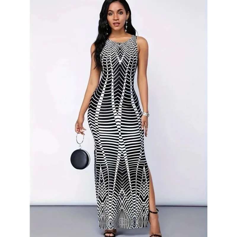 Spring European and American Women's Clothing Digital Printing Round Neck Sleeveless Side Split Dress