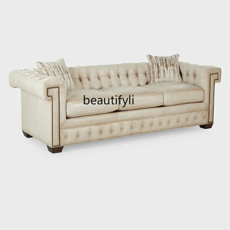 S132 French Country Solid Wood Sofa Retro Oil Wax Skin Sofa Nordic Simple Small Apartment Light Luxury Three-Person