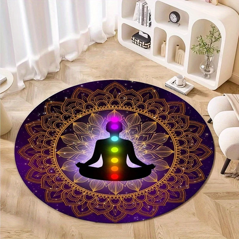 

VIKAMA Seven Chakra Meditation Round Earth Rug, Mandala Bohemian Anti-slip Yoga Practice Mat, Home Decoration