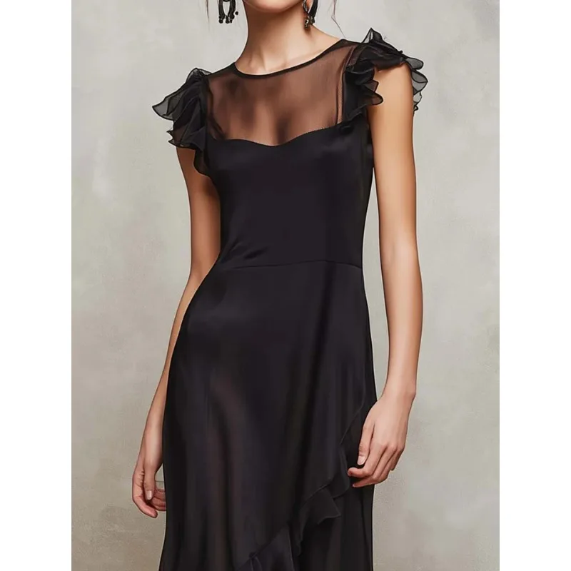 ティナ 女性用 シアー ラッフルトリム ドレス 2026 春夏 アシンメトリー パッチワーク メッシュ ジッパーバック イブニング ウェディング ゲストドレス