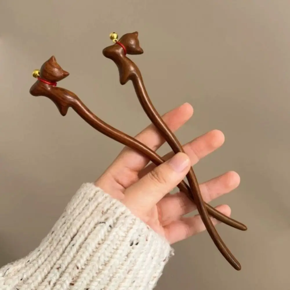 

Wooden Cat Hair Stick Bell Headwear Chinese Hanfu Style Hair Clip Korean Style Ponytail Clip Cartoon Aniaml Hairpin Hanfu