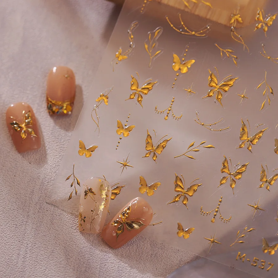 5D Relief Glossy Stamp Golden Jelly Butterfly Foliage Starlight Adhesive Nail Art Stickers Decals Manicure Ornaments Accessories