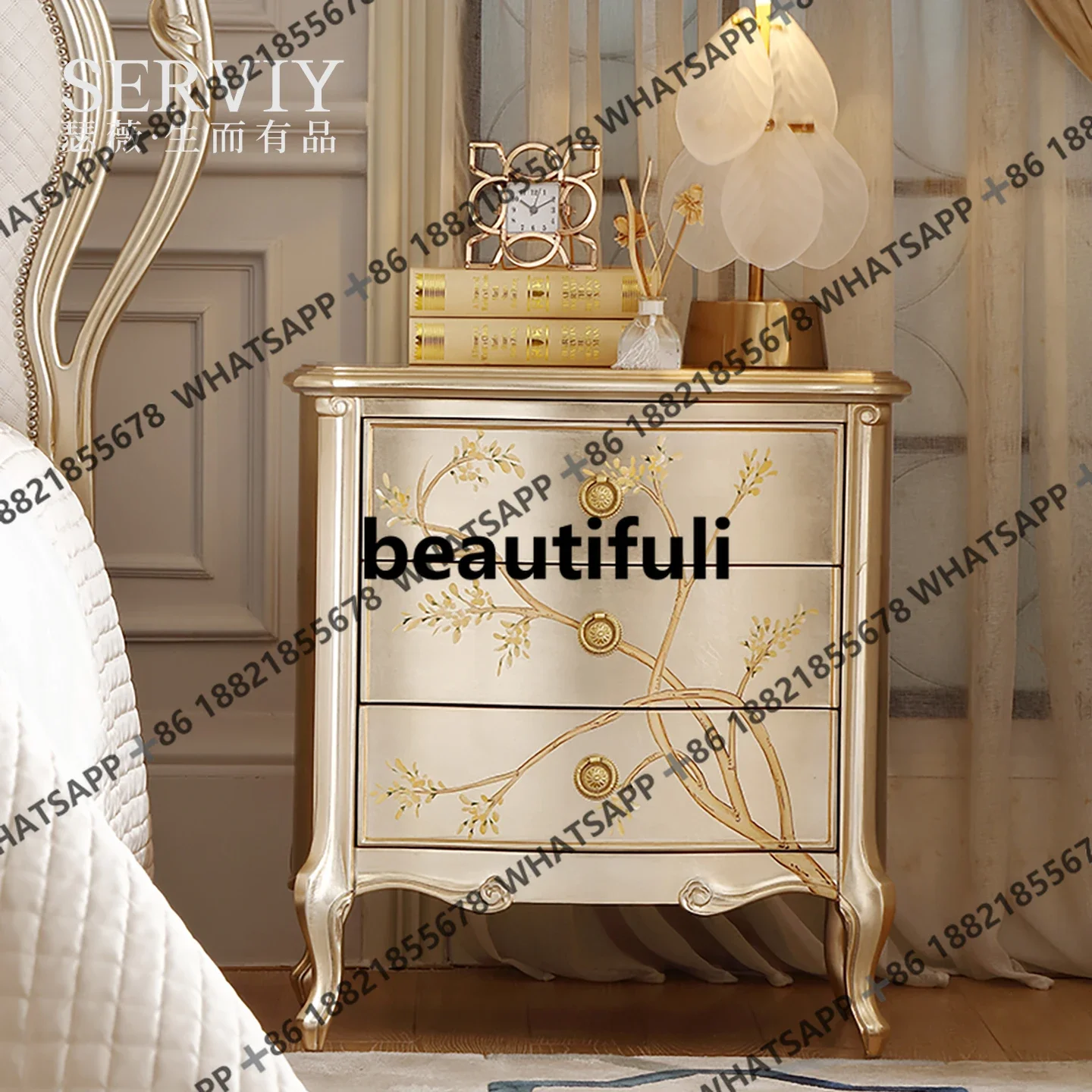 フランスのライトラグジュアリー無垢材彫刻フラワーベッドサイドテーブルヨーロッパの手描きマスターベッドルームベッドサイドテーブル付きSE1