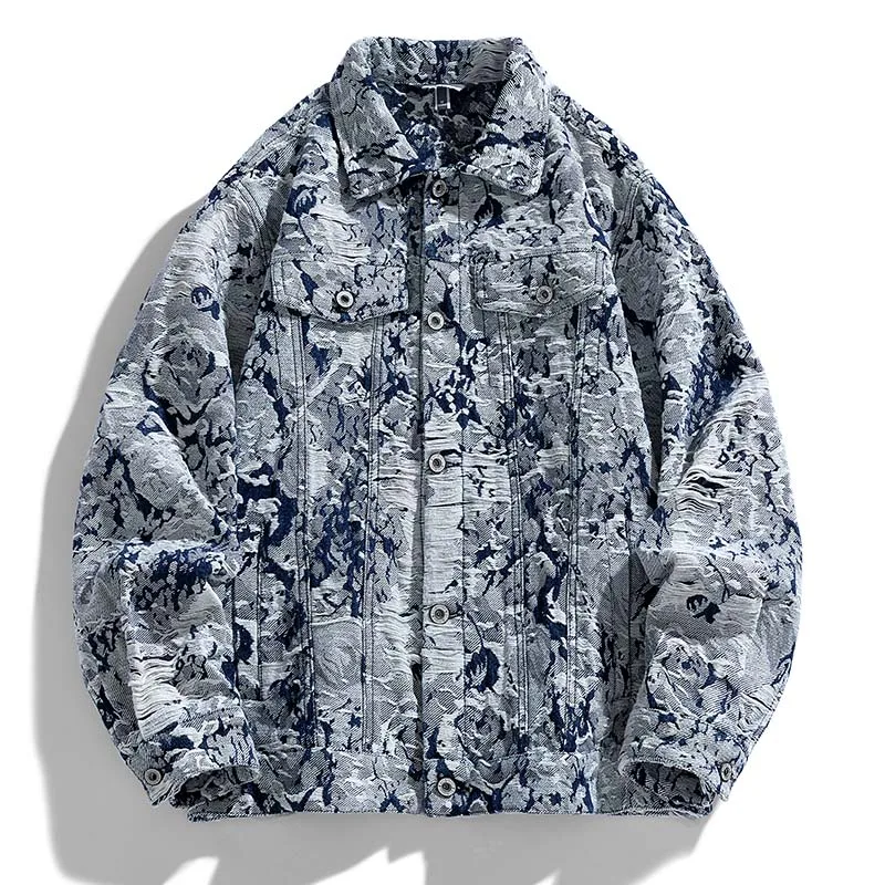 

Мужская рваная джинсовая куртка с цветочным жаккардовым плетением и вышивкой, свободная верхняя одежда с длинными рукавами