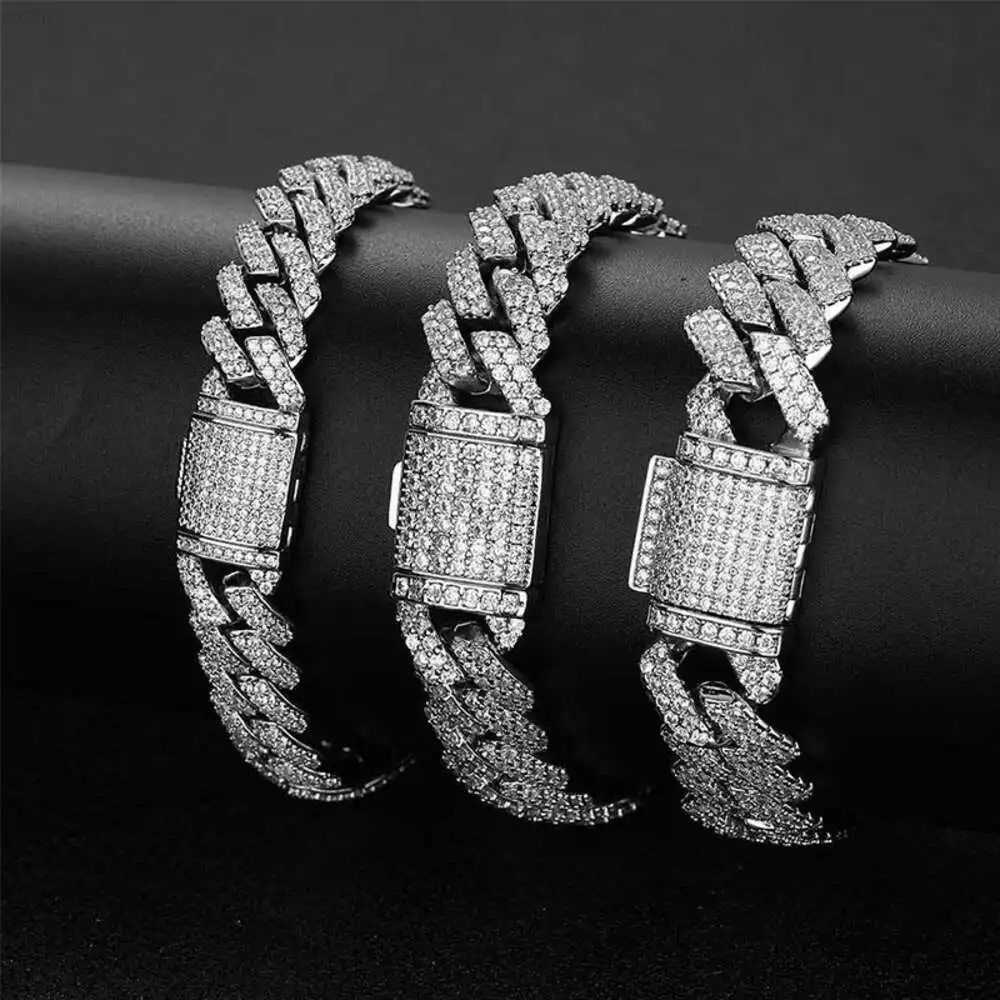 

Silver Plated Fashion Jewelry Bracelet Hip Hop Iced Out Miami Bracelet Moissanite Crystal Luxury Cuban Link Bracelet Men Women