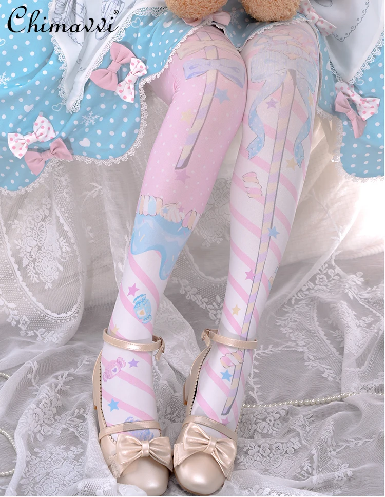 Lolita Style Above Knee Socks for Women Autumn Printed Tube Socks Student Girls Cute Velvet Knee Socks Japanese Sweet Stockings