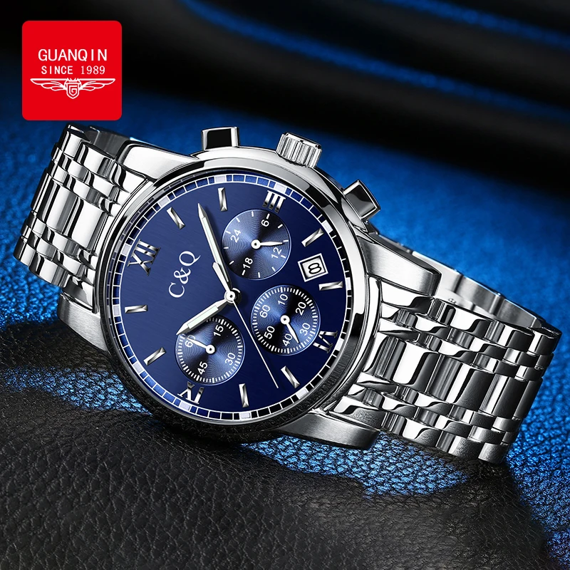 GUANQIN Top Men's Watch Multifunctional Sports Quartz Wristwatch with Steel Band Waterproof Luminous Stop Watches for Gifts