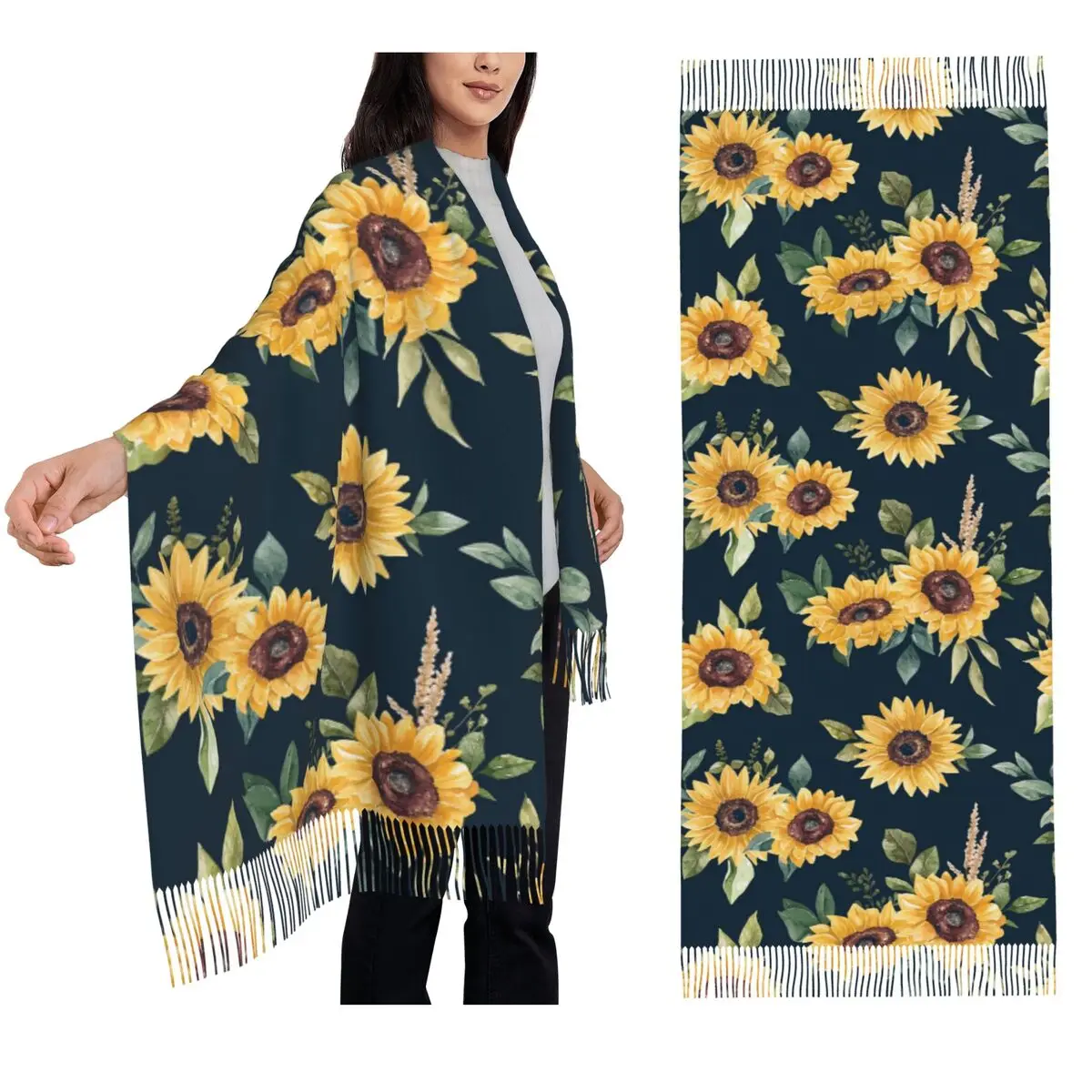 

Осенний шарф с цветочным принтом подсолнечника, шарфы с кисточками, женские мягкие теплые шали и накидки, большая осенне-зимняя шаль
