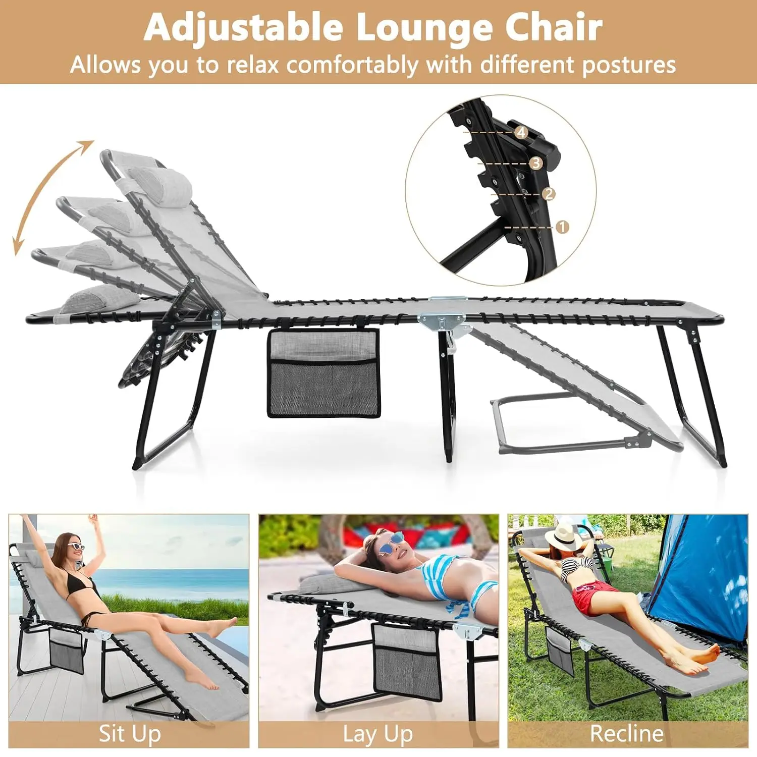 Outdoor Folding Chaise Lounge Set of 2 w/Headrest, 4-Position Adjustable, Side Pocket, for Pool Camping Beach, Grey, Customized