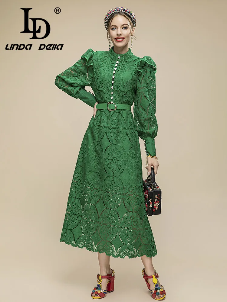 LD LINDA DELLA 2023 New Designer Summer Green Long Dress Women Lantern sleeve Belted hollow out Embroidery Vintage Party Dress