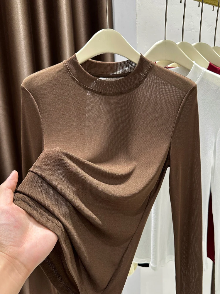 

Korean Sle Lace round Ne Base irt Women's Autumn Winter Thin Me Hollow out Inner Wear Ele Top Nylon Fiber Long Sl...