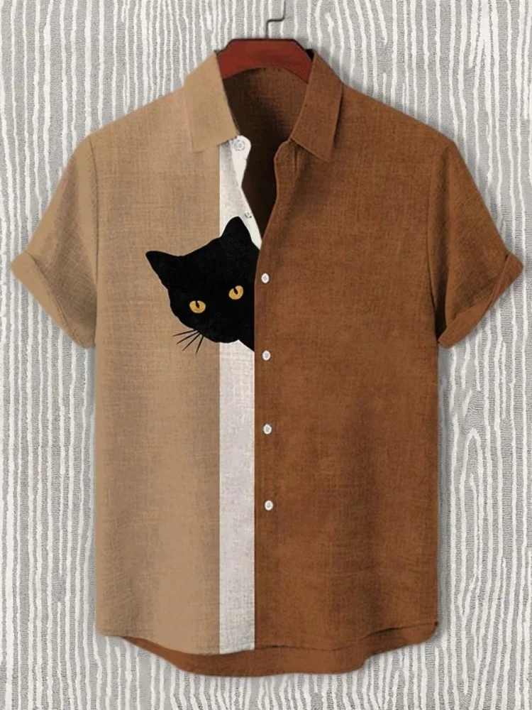 Herren-Hemd mit lustigem „Hide-and-Seek“-Schwarzkatzen-Print, lässiges Sommer-Urlaubshemd, schnell trocknendes, atmungsaktives Outdoor-Hemd im Harajuku-Stil