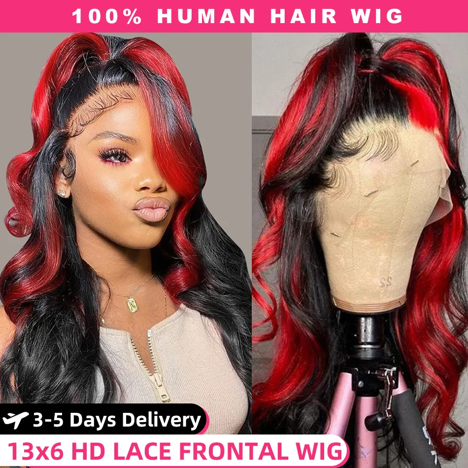 30 40 Inch Body Wave Lace Front Human Hair Wigs Highlight Burgundy 13x6 HD Lace Frontal Wig Ombre Colored 1B Red Glueless Wig