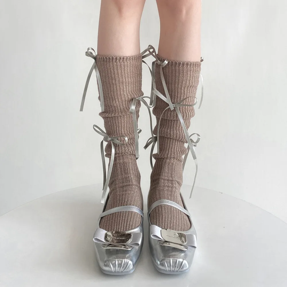 

Comfortable Solid Color Lolita Stockings Elastic Cotton Women's Socks Multi Bowknot Decoration High Tube Heap Socks Anime Style