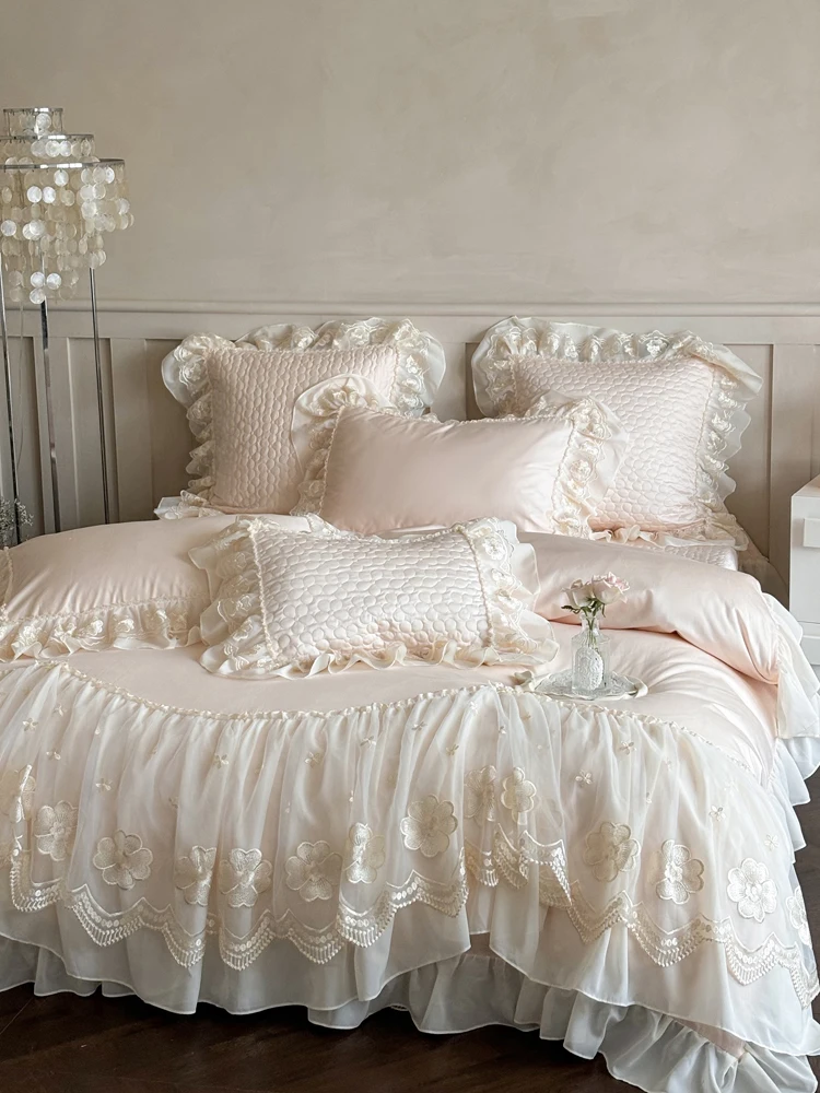 

4 Pieces Premium French Princess Style Cotton 100% Bedding Set Large Duvet Cover Queen King Size Pillowcase Bed Sheet Summer
