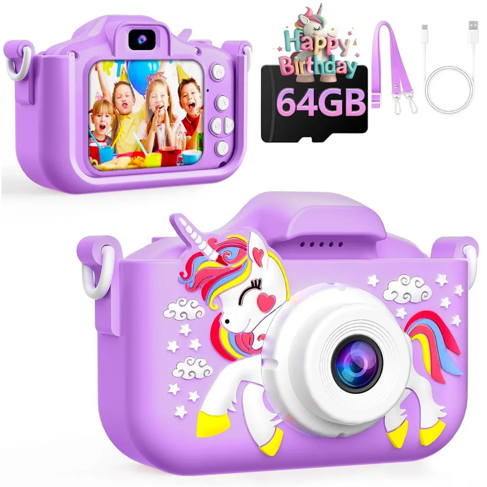 1080P Kids Camera for Girls, Portable Toddler Digital Selfie Camera with 64G SD Card and Cute Protective Cover