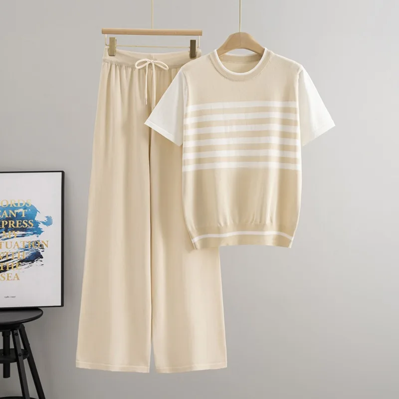 

Korean Design Knitted 2 Piece Sets Summer Fake Two Pieces Striped Knit T-shirts Tops Conjuntos High Waist Wide Leg Pants Outfit
