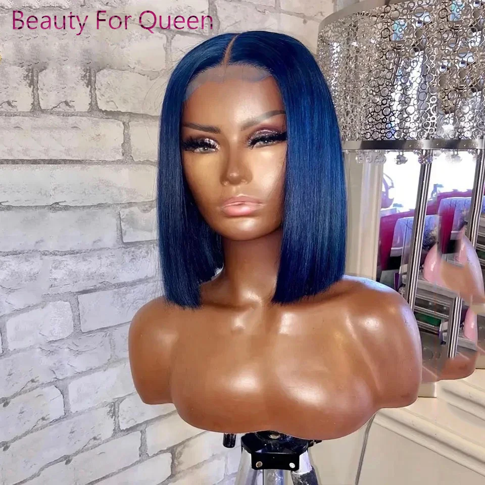 

Cosplay Colored Dark Blue Short Straight Bob 13x4 Transparent Lace Frontal Wigs Brazilian Human Hair Wig For Women Pre Plucked