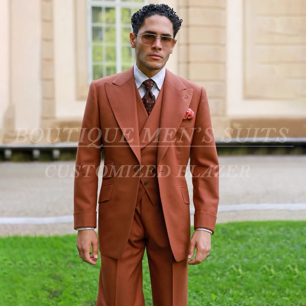 

3 Piece Jacket Pants Vest Solid Color Men's Suits One-Button Peak Lapel Wedding Male Clothing High Quality Slim Fit Outfits