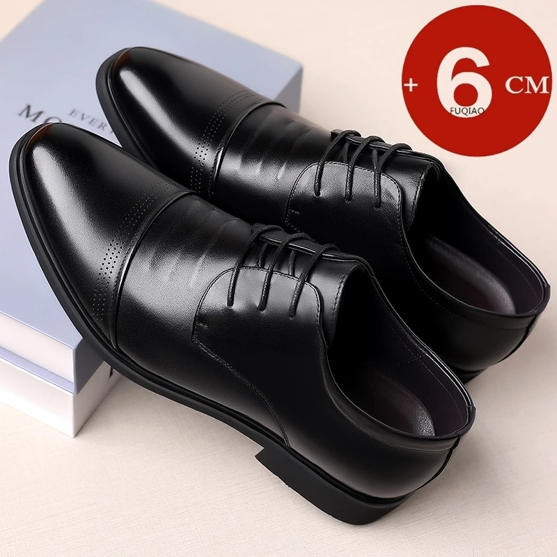 Cow Leather Flat / 6CM Men Formal Elevator Shoes Wedding Business Height Increase Lift Shoes Invisible Heel Fashion Casual
