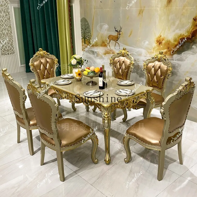 American villa solid wood marble surface dining table combination restaurant gold square dining table  FT