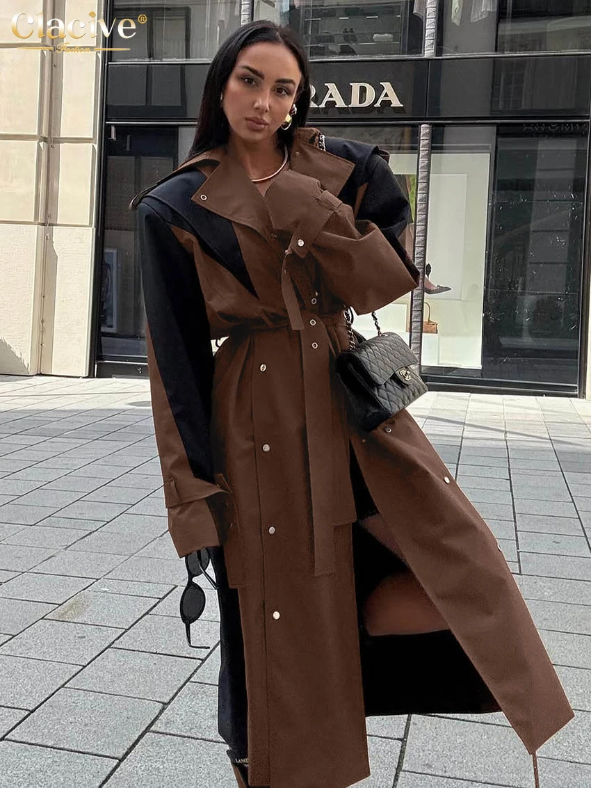 Clacive Fashion Loose Brown Cotton Women Coats 2025 Winter Lapel Long Sleeve Coat Elegant Lace-Up Patchwork Top Female Clothing
