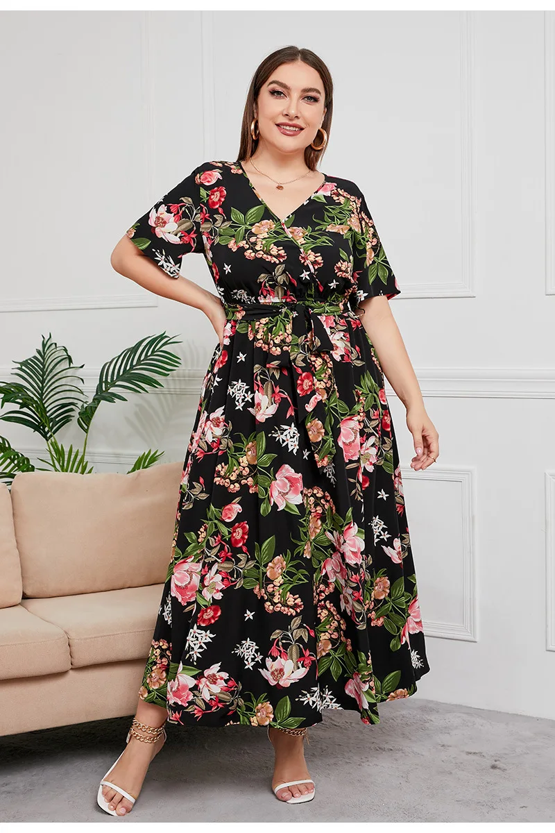 S-5XL Plus Size Damska sukienka z krótkim rękawem i dekoltem w szpic z elastyczną talią Luźna sukienka Boho Maxi