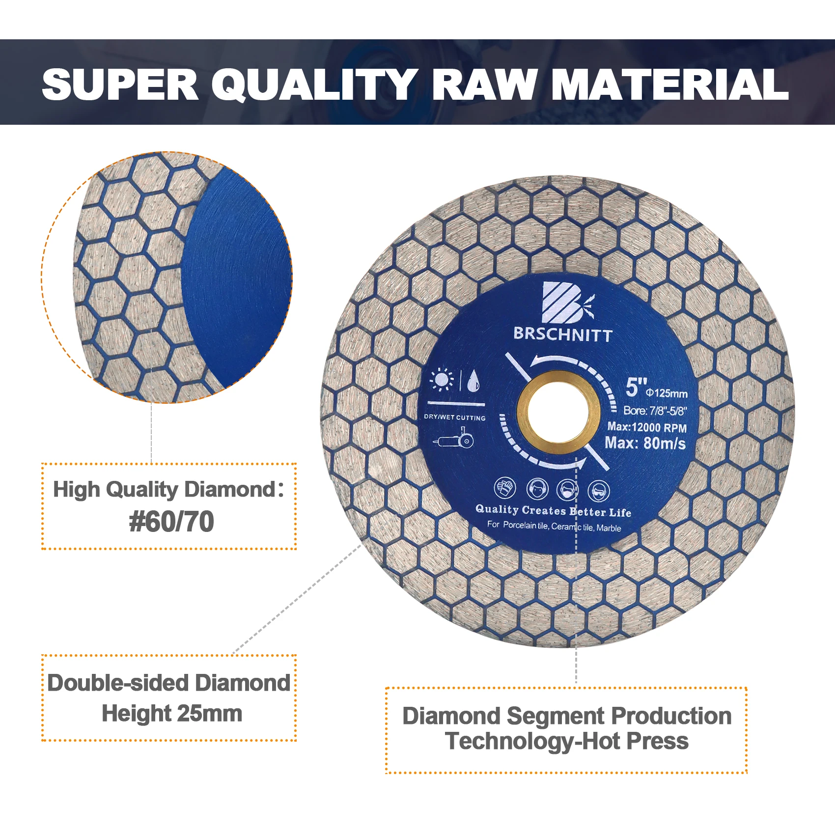 BRSCHNITT Diamond Cutting Disc Dia125mm Double-sided Cutting Grinding Disc Saw Blade Cutter For Ceramic Tile Porcelain Cut Plate