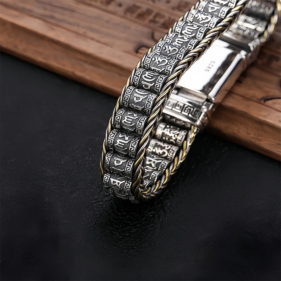 BOCAI S925 Silver Charms Bangle for Men Six Character Mantra Prayer Wheel Two-tone Electroplating Bracelets Fine Choice Jewelry