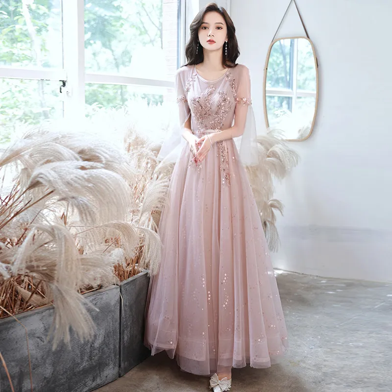 Evening Dress Pink O-Neck Short Sleeves Elegant Floor-Length Sequins Lace Up A-Line Pleat Tulle Woman Formal Party Gown A2478