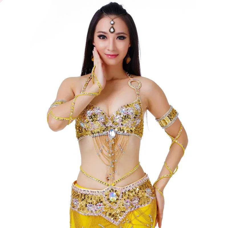 Women Sexy Belly Dance Top Bra & Beaded Belt 2 Pieces Belly Dance Costume Outfit Set Bras & Belt Female Bollywood Dance Clothes