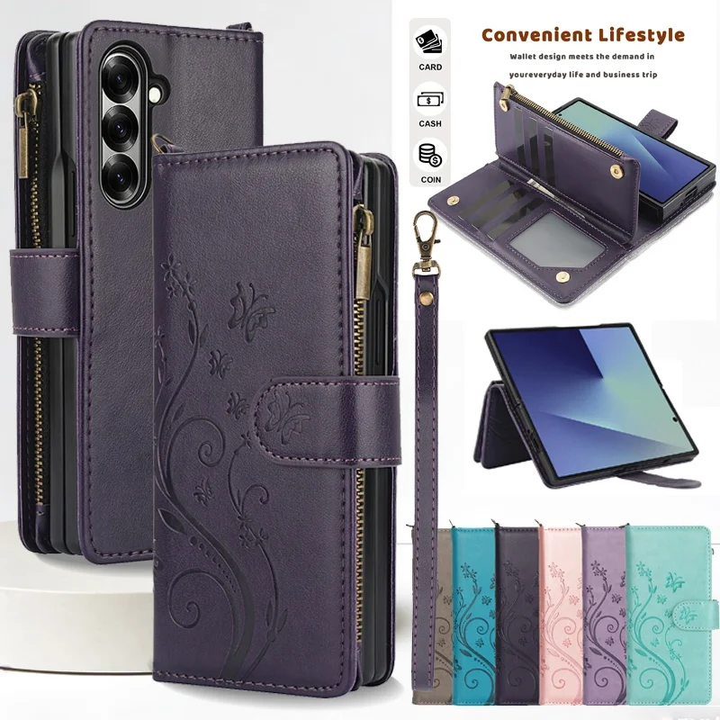 

Pattern Leather Wallet Phone Case for Samsung Galaxy Z Fold 7 6 5 4 3 fold6 fold5 fold4 fold3 Wrist Strap Flip Card Holder Cover