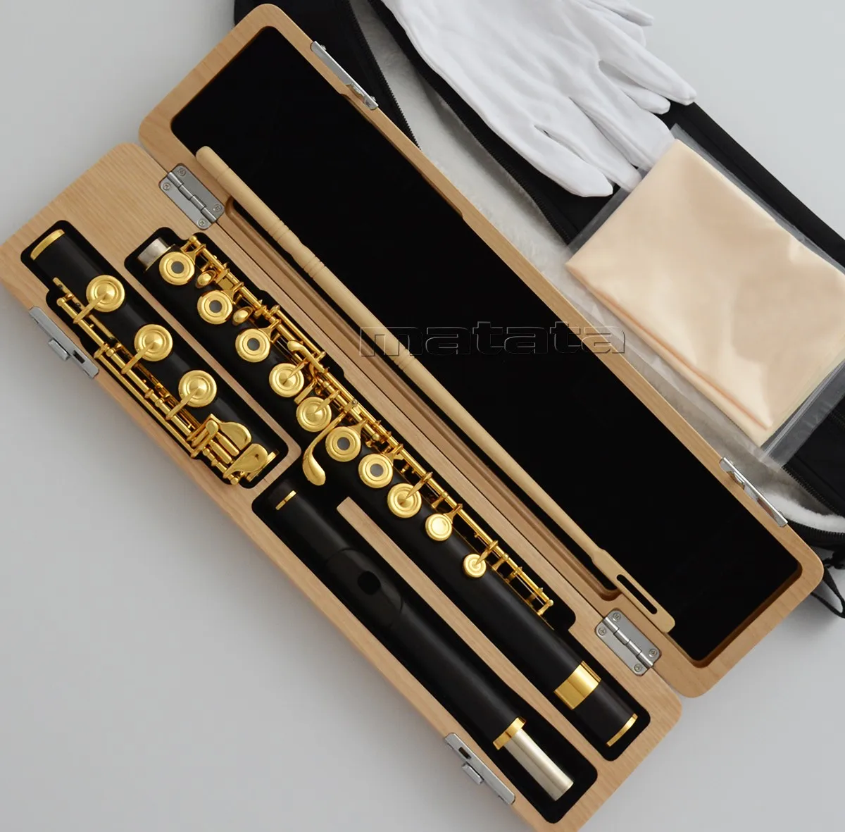 Fast Ship Professional Gold-Plated Ebony Flute B Foot with Split E Key & Wood Case