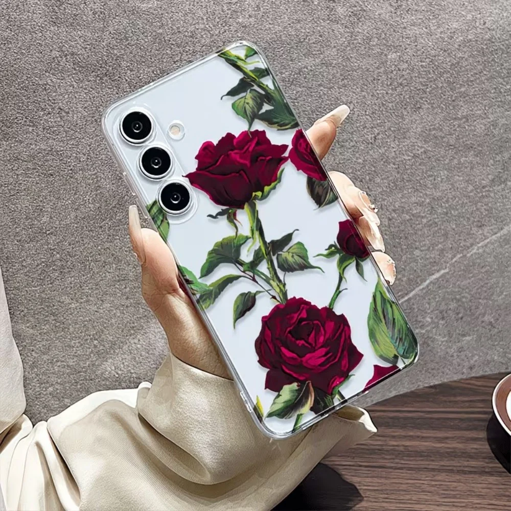 Aesthetic Red Rose Floral Phone Case For Samsung S26 S25 S24 S23 S22 S21 S20 Ultra Plus FE 5G Transparent Shockproof TPU Cover