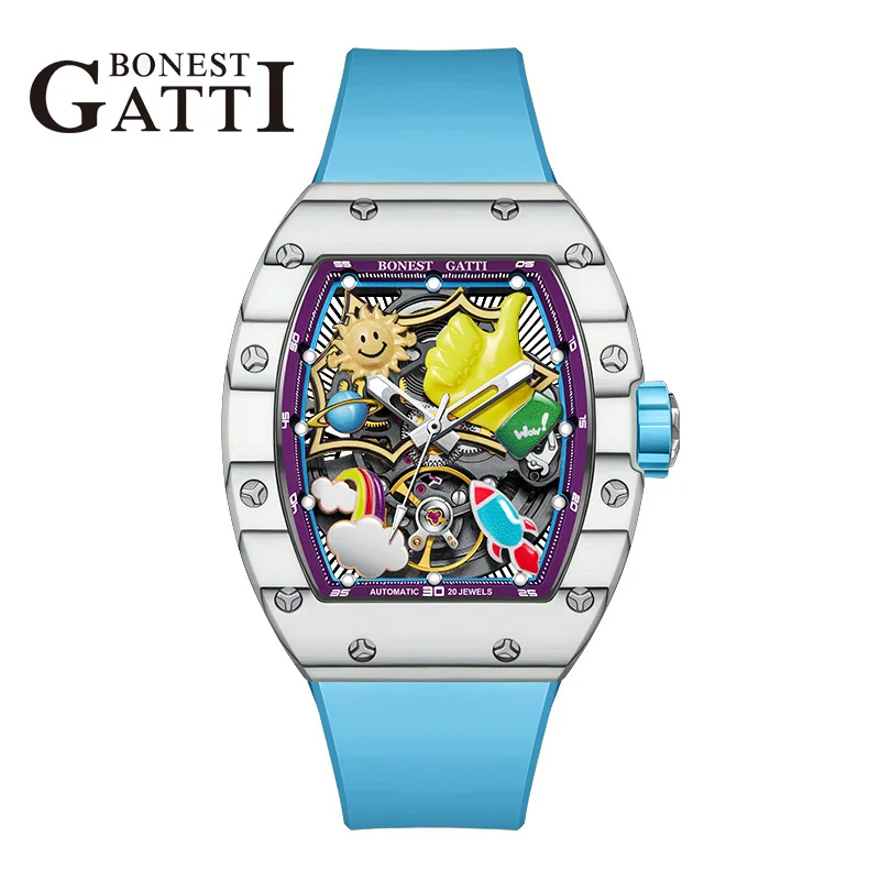 

BONEST GATTI Наручные часы с автоматическим механизмом из углеродного волокна, безель, светящийся 3D мультяшный циферблат, механические часы для мужчин