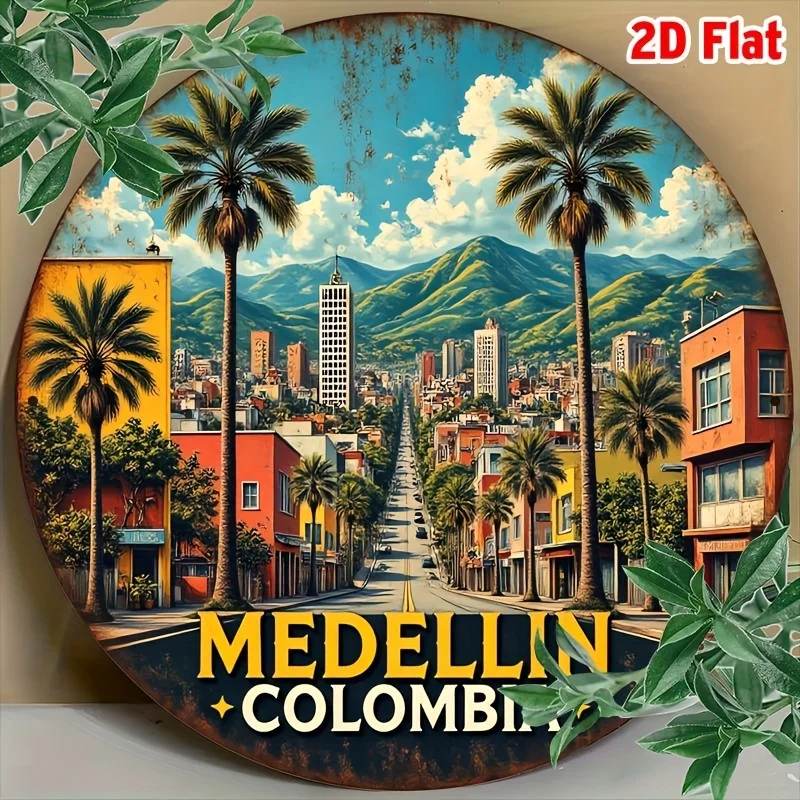 Plano 2D, 1 pieza, arte de pared Vintage Medellín Colombia, paisaje urbano colorido con palmas y montañas, letrero decorativo de aluminio rústico para