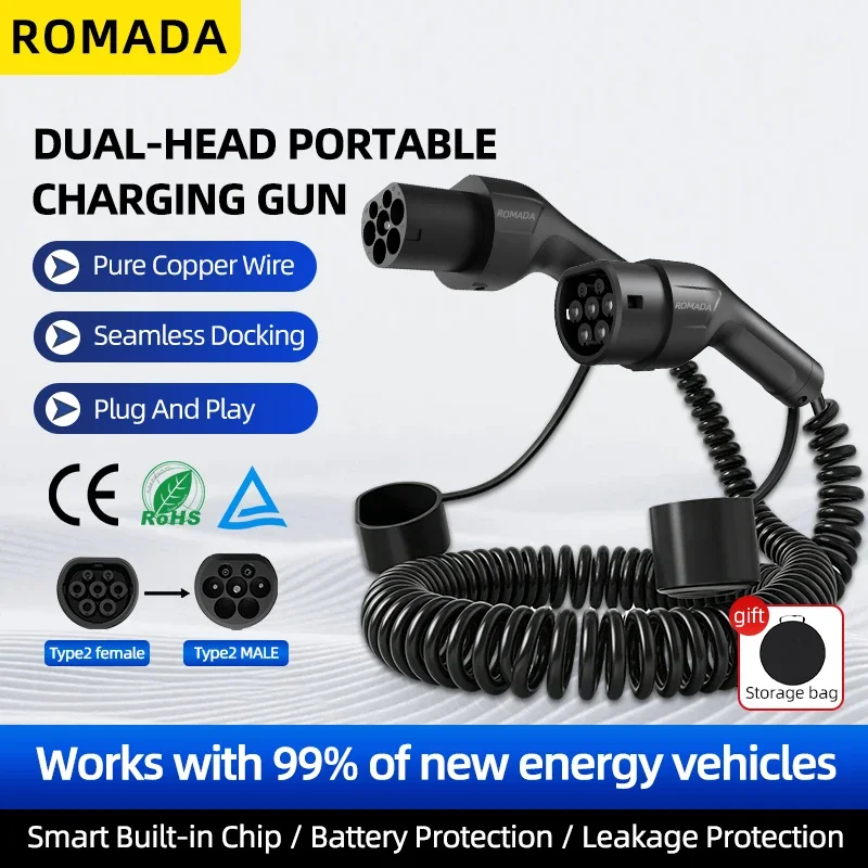 

32A 22kW Type 2 to Type 2 Protable EV Charging Spring wire Cable IEC62196-2 Charger For Electric Vehicles Car In Public Station